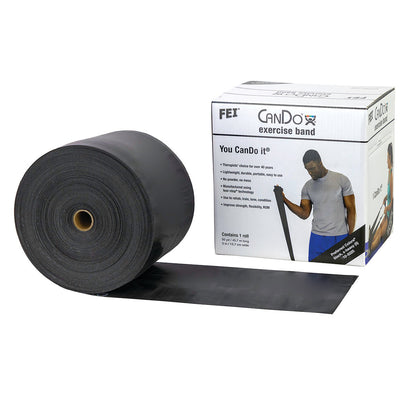 A roll of CanDo Latex Exercise Band is displayed next to its packaging box, which features an image of a person using the band.