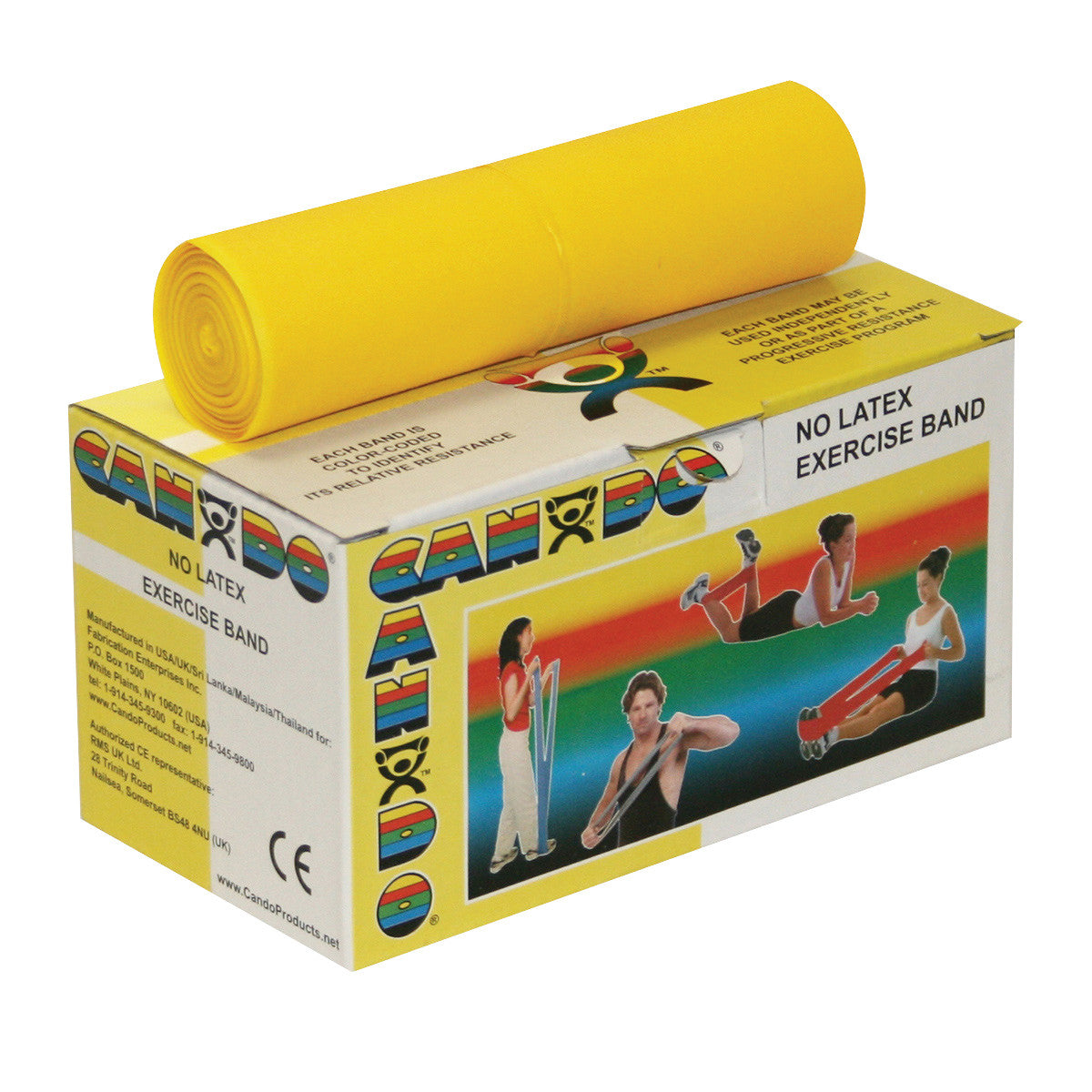 Yellow CanDo Non-Latex Exercise Band on its box featuring images of people using bands, with colorful branding and text.