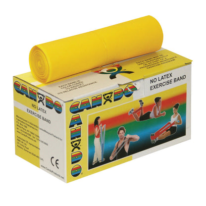 Yellow CanDo Non-Latex Exercise Band on its box featuring images of people using bands, with colorful branding and text.