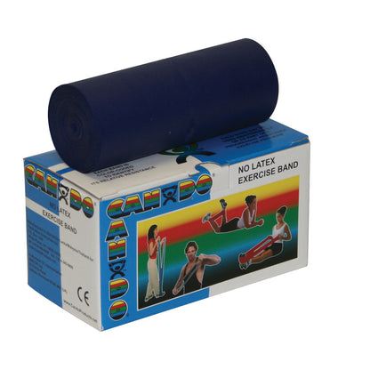 A CanDo Non-Latex Exercise Band is shown, rolled on top of its colorful box. The box features images of people exercising.
