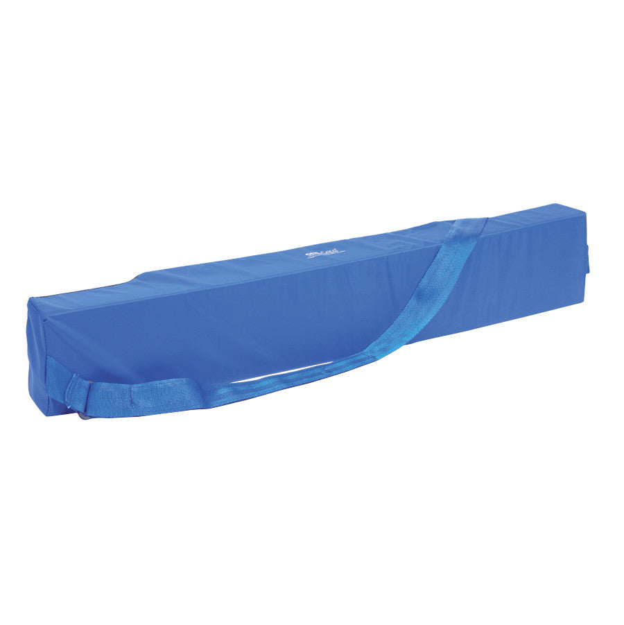 A blue SkiL-Care Headboard/Wall Protector with an attached carry strap, designed for protection and easy handling.