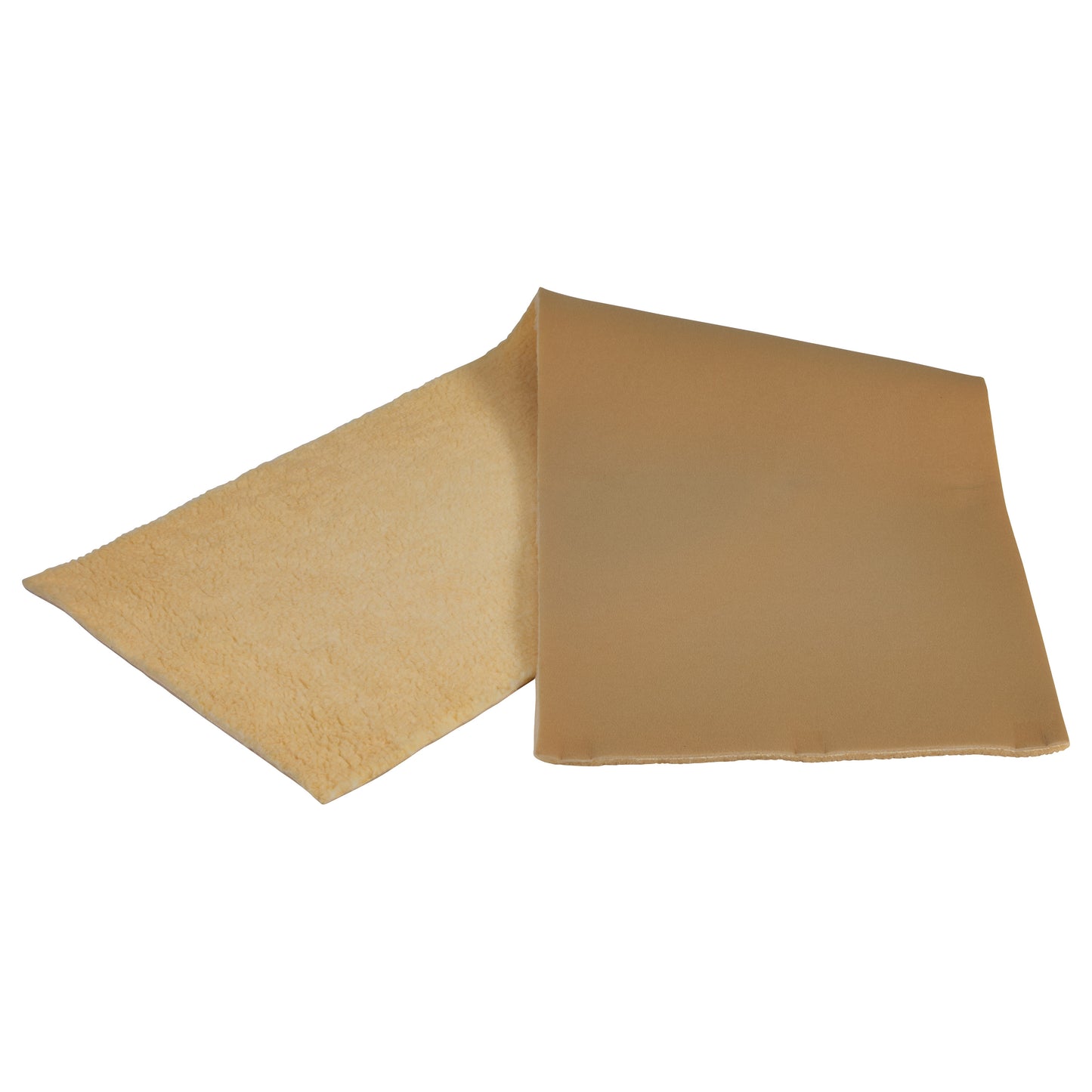 AliMed AliFleece, a rectangular beige fleece pad with a soft-textured side and a smooth backing, shown partially folded.