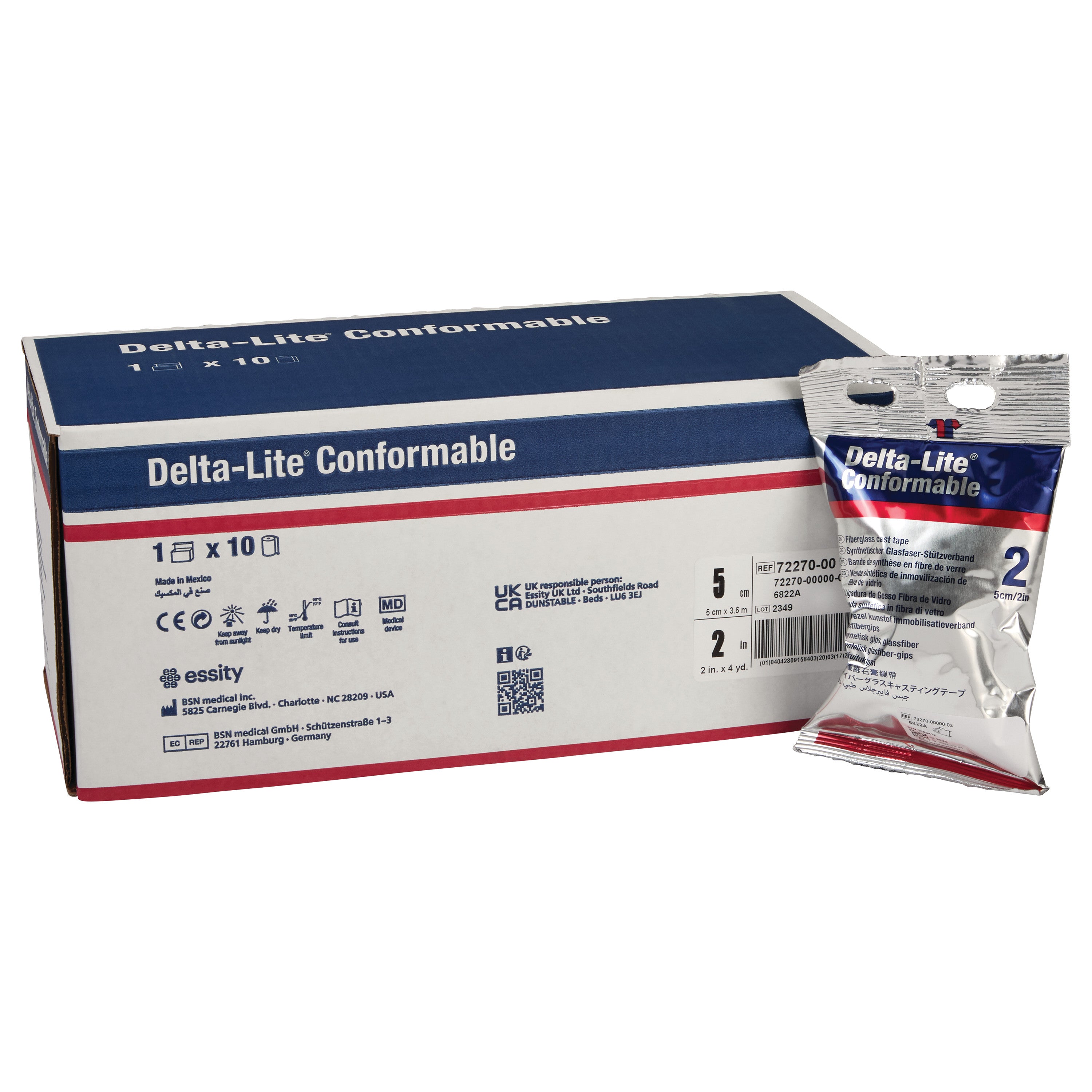 Box and packet of Delta-Cast Delta-Lite Conformable Fiberglass Cast Tape. The packaging is blue, white, and red.