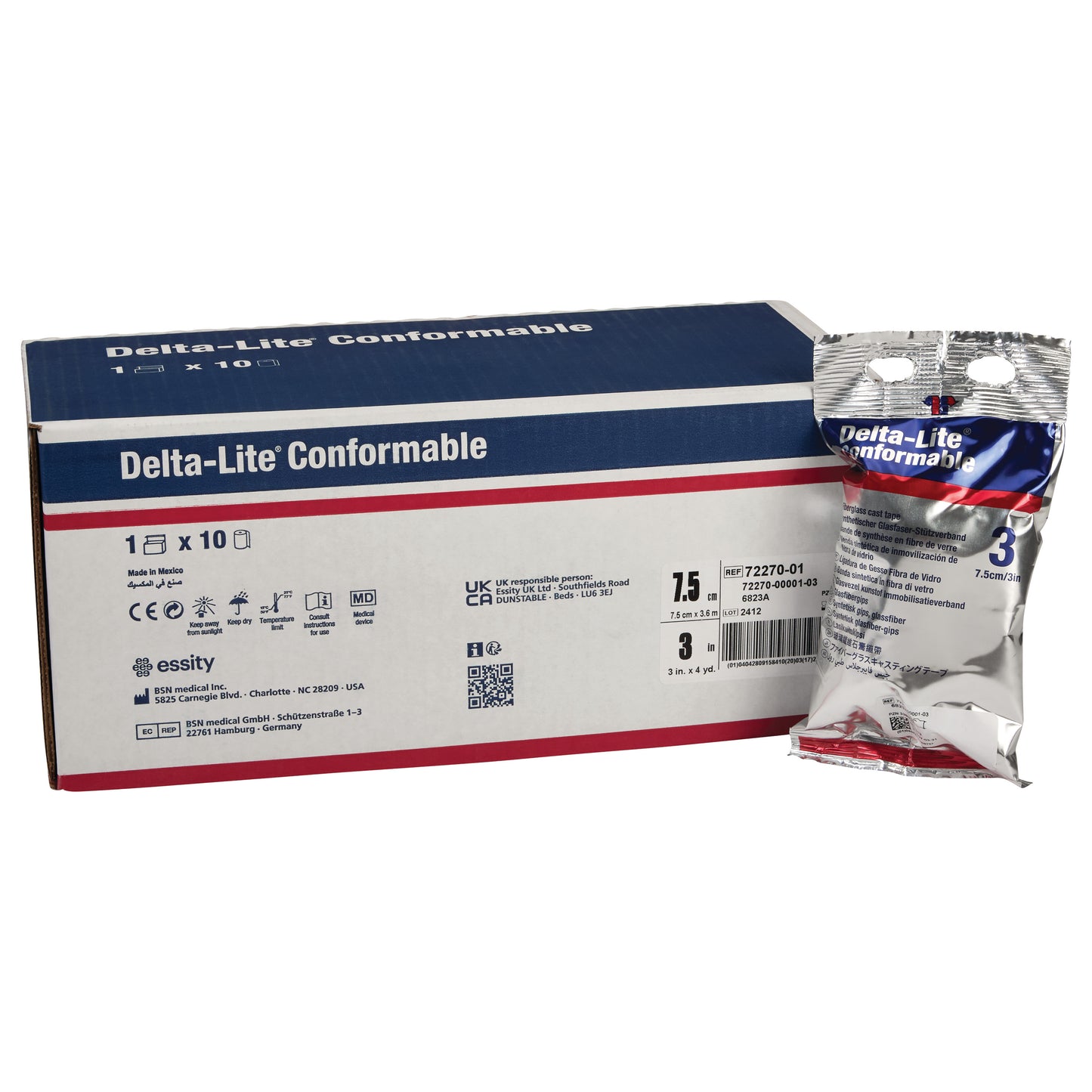 Box and package of Delta-Lite Conformable Fiberglass Cast Tape, size 7.5 cm x 3.6 m, by Essity, displayed on a white background.