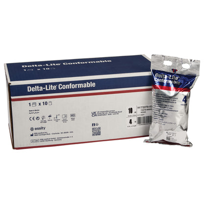 Box and pouch of Delta-Lite Conformable Fiberglass Cast Tape, showing brand details and packaging information.