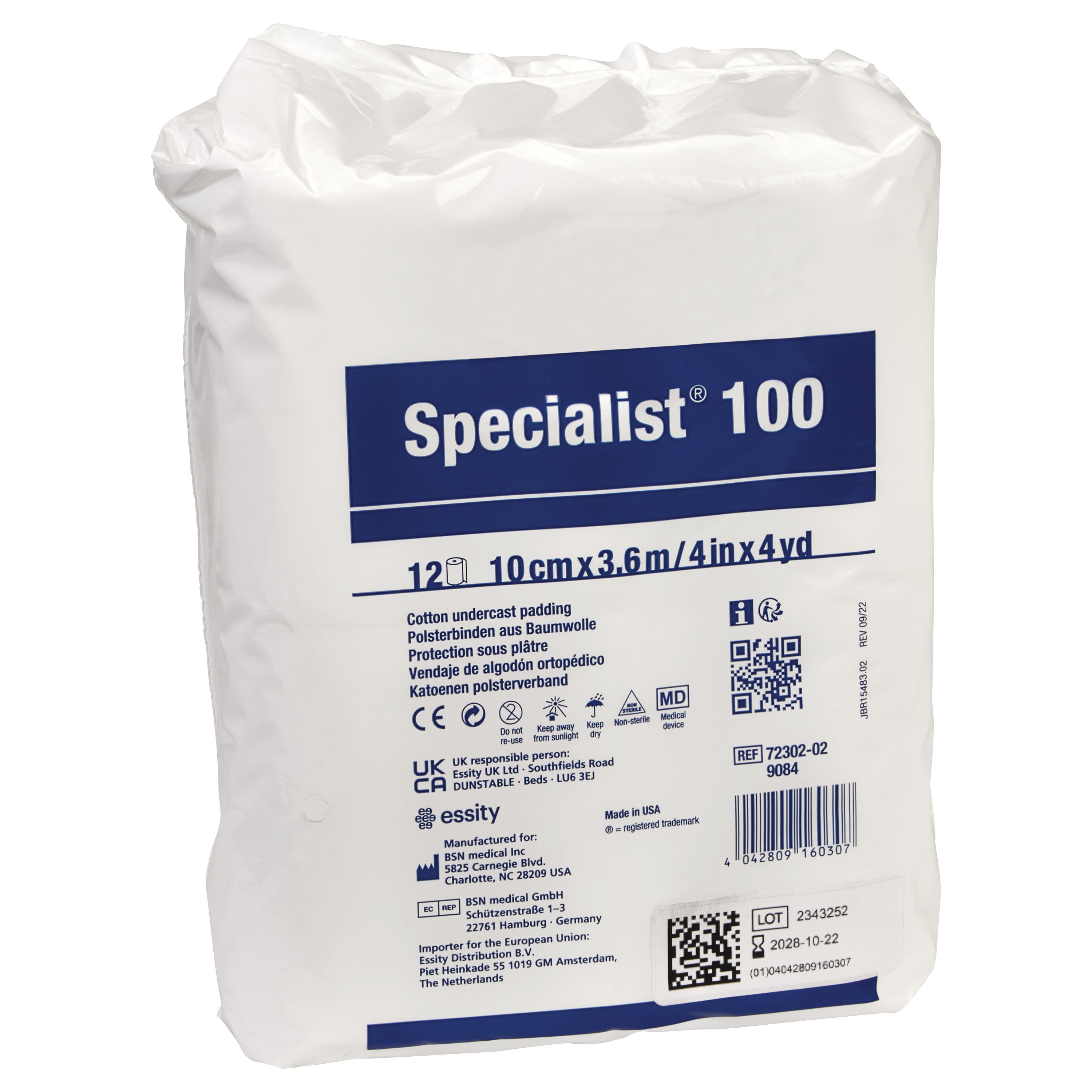 Package of Delta-Cast Specialist 100 Cotton Cast Padding, size 10cm x 3.6m, featuring multilingual text and QR codes.