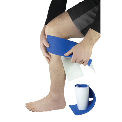 A person applies Silipos Pressure Relief Padding, a blue cushioning strip, to their knee. A roll of the padding is shown below.