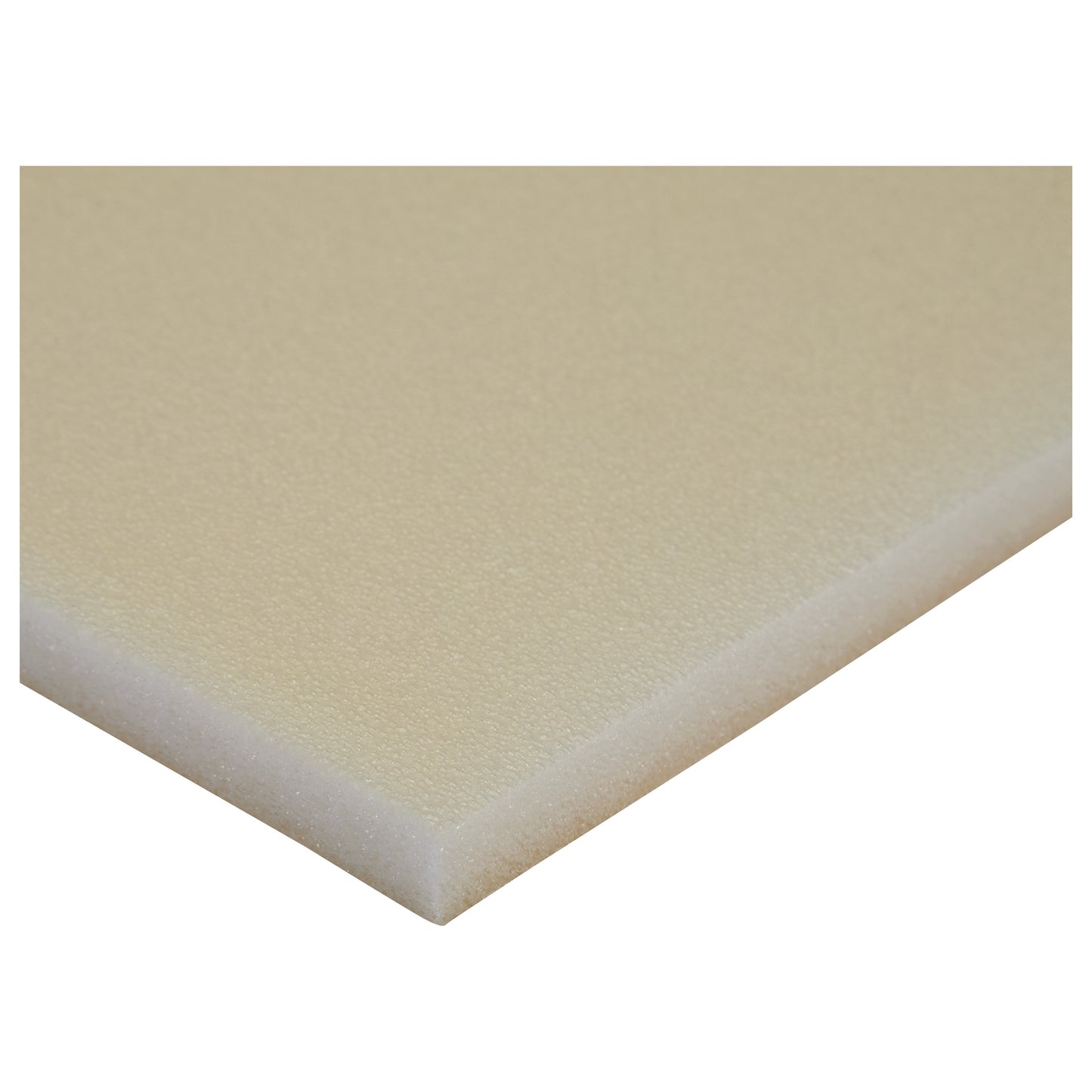 Close-up of an AliMed AliPlast XPE foam sheet, showing its smooth, beige surface and rectangular shape with a white core.