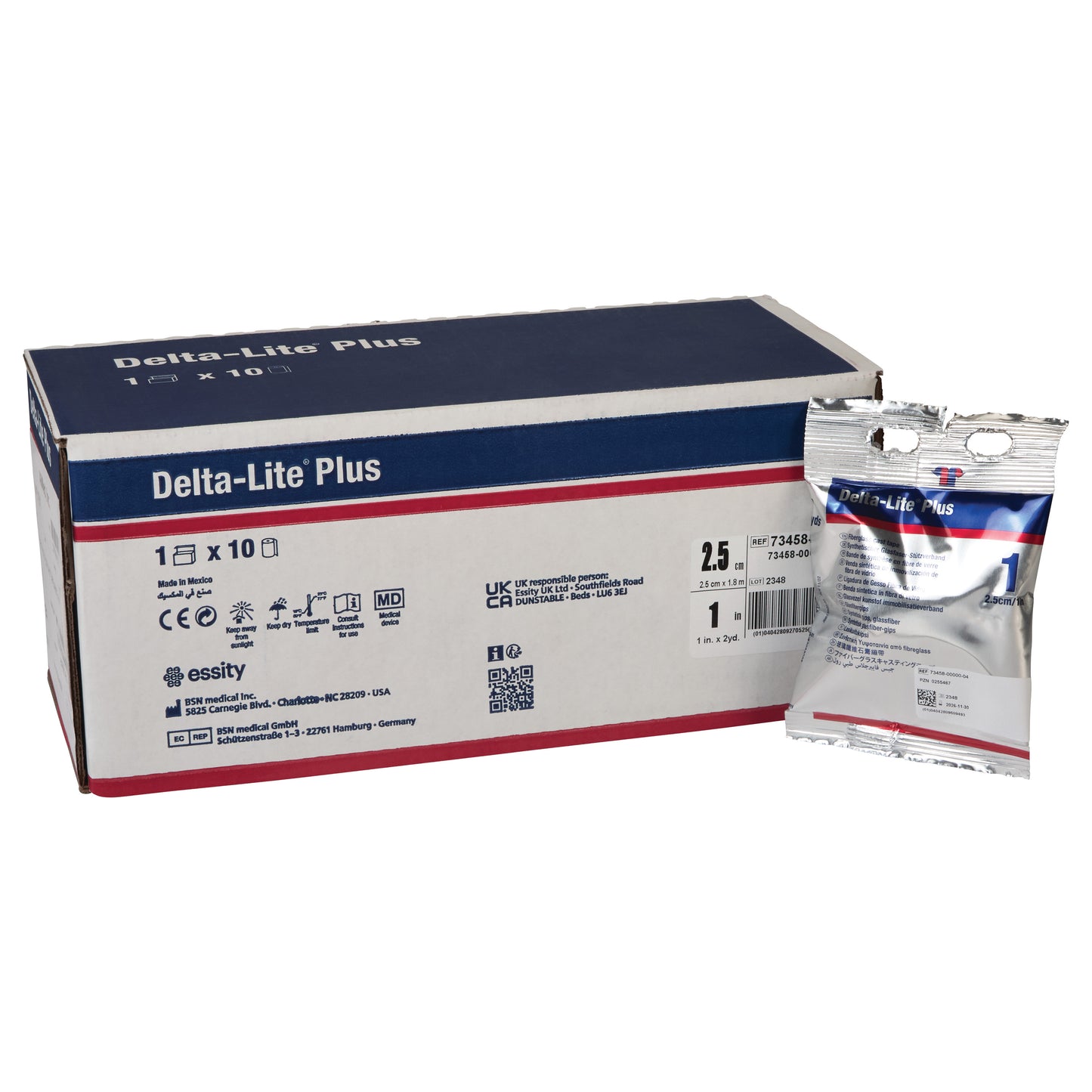 Box and packet of Delta-Cast Delta-Lite Plus Fiberglass Cast Tape, with branding and product details visible.