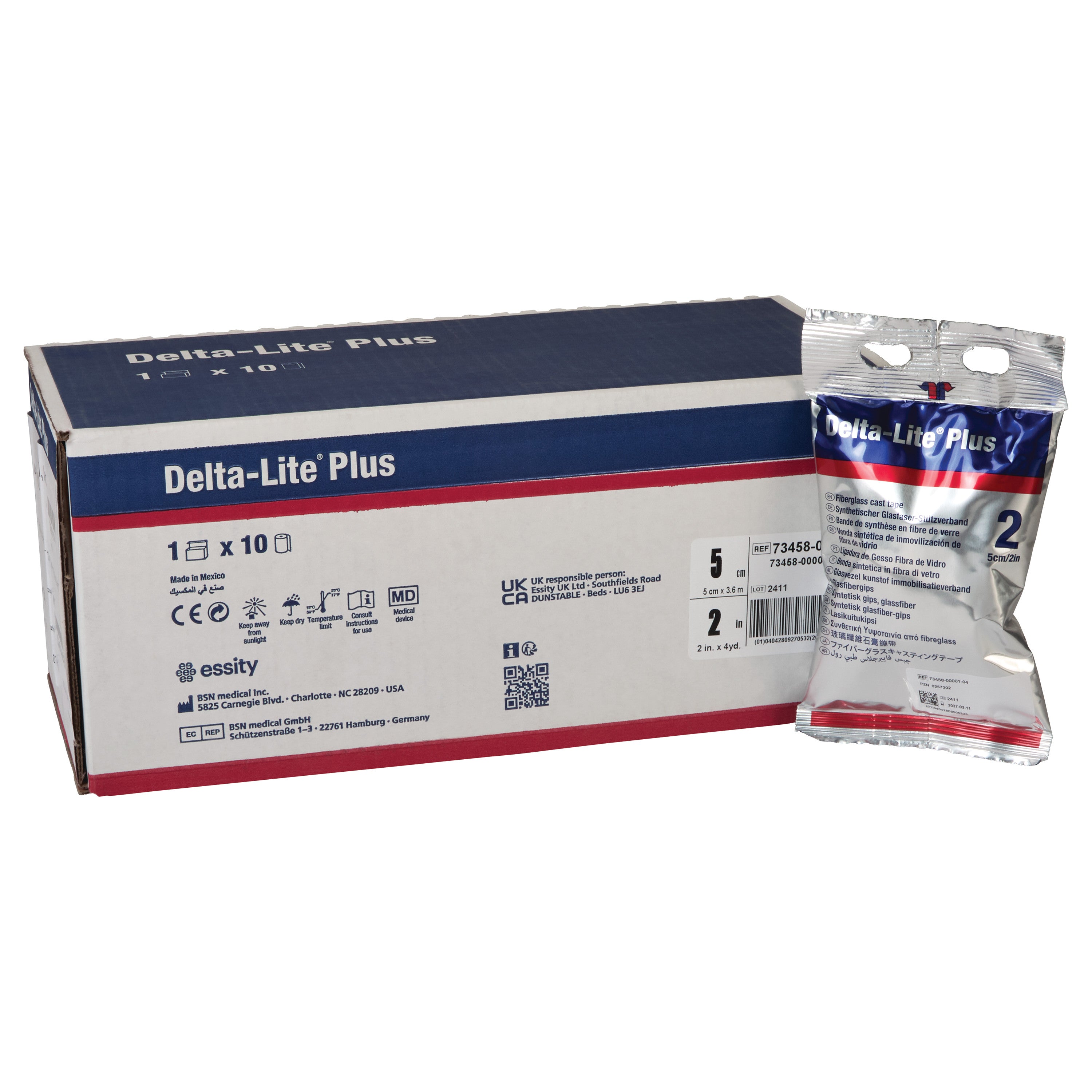 Box and pouch of Delta-Cast Delta-Lite Plus Fiberglass Cast Tape with product details printed on packaging.