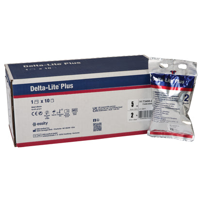 Box and pouch of Delta-Cast Delta-Lite Plus Fiberglass Cast Tape with product details printed on packaging.