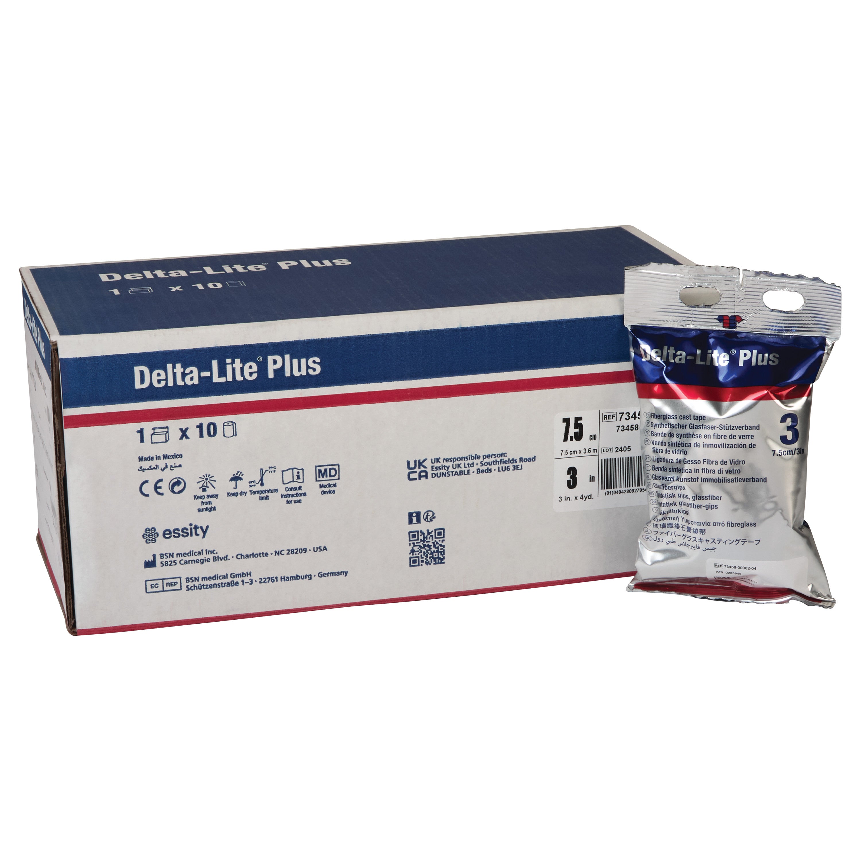 Box and packaged roll of Delta-Cast Delta-Lite Plus Fiberglass Cast Tape in blue, white, and red packaging.