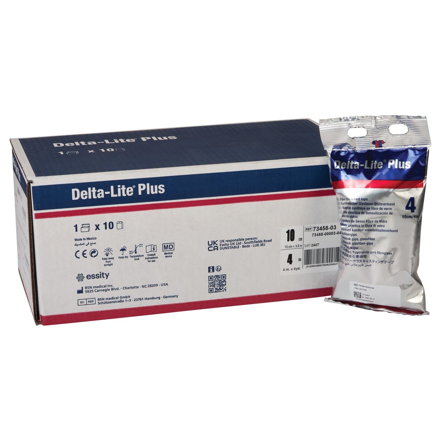 Box and package of Delta-Cast Delta-Lite Plus Fiberglass Cast Tape, labeled in blue, red, and white.