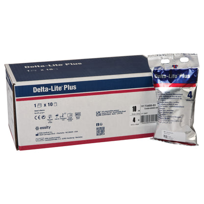 Box and package of Delta-Cast Delta-Lite Plus Fiberglass Cast Tape, labeled in blue, red, and white.