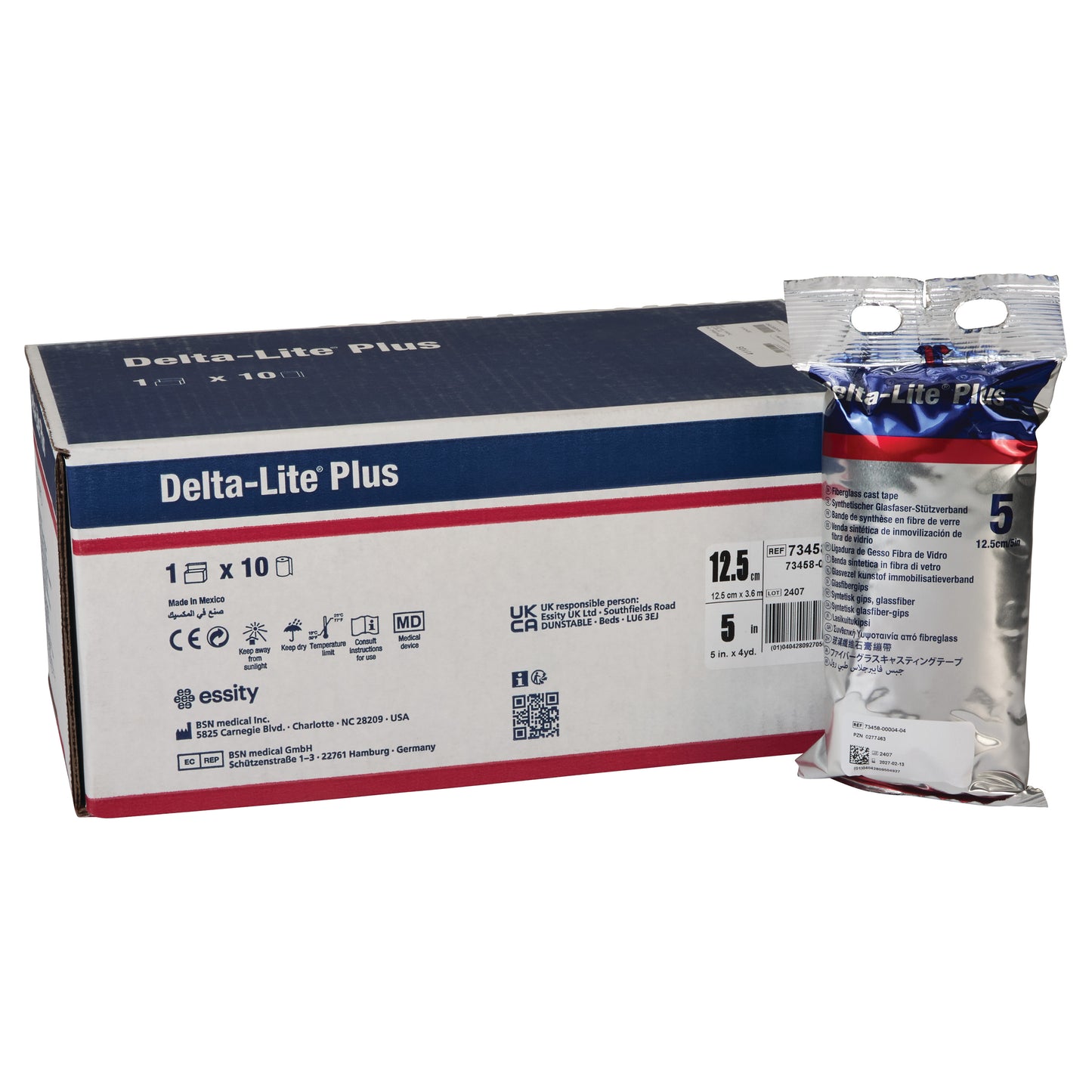Box and package of Delta-Cast Delta-Lite Plus Fiberglass Cast Tape, 12.5 cm x 5 m, placed next to each other.