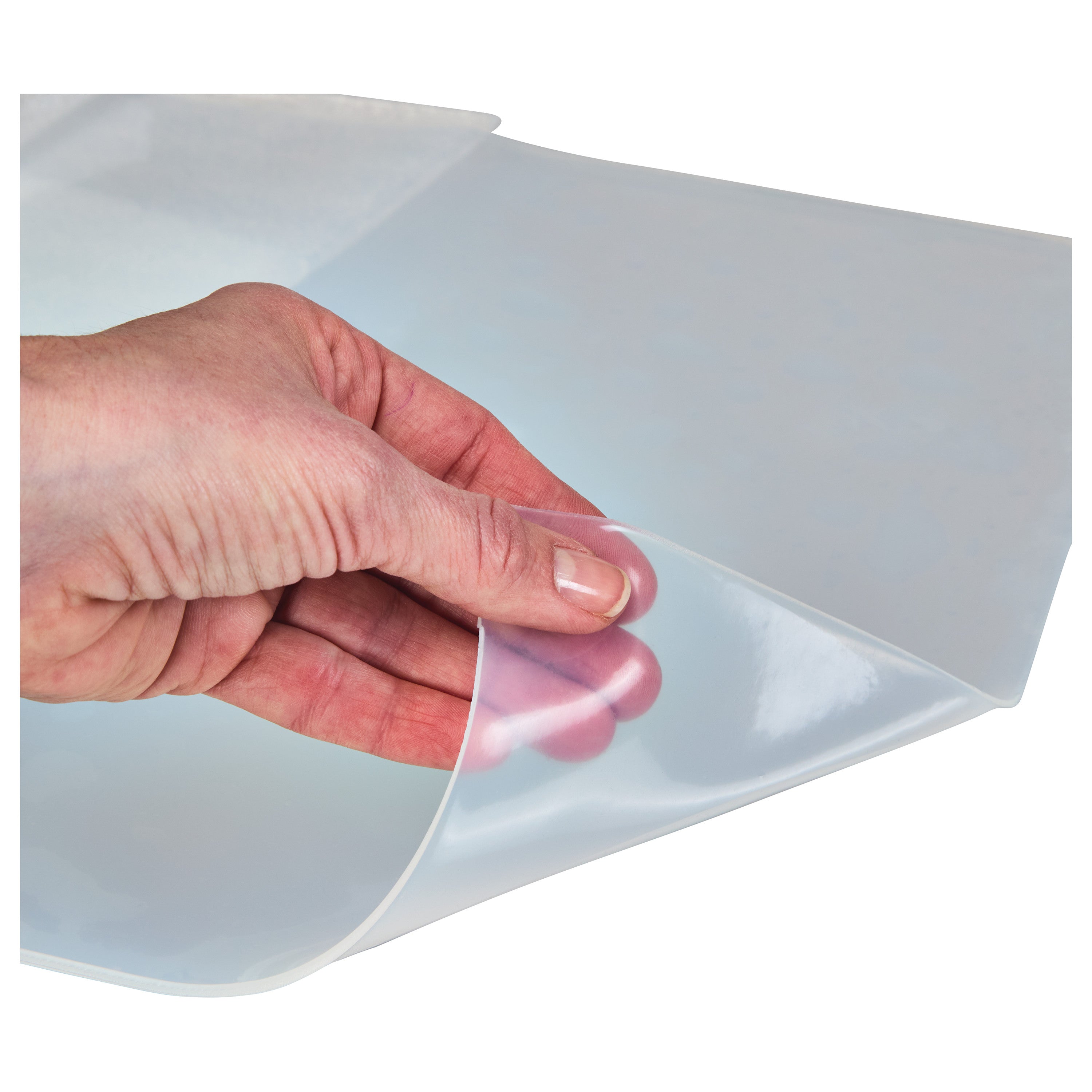 A hand holds the Silipos Wonderflex Silicone Gel Sheet, showing its transparent, flexible texture against a plain background.