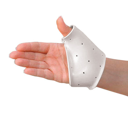 A hand wearing a Polyform Splinting Material, white with ventilation holes, supporting the thumb and wrist.