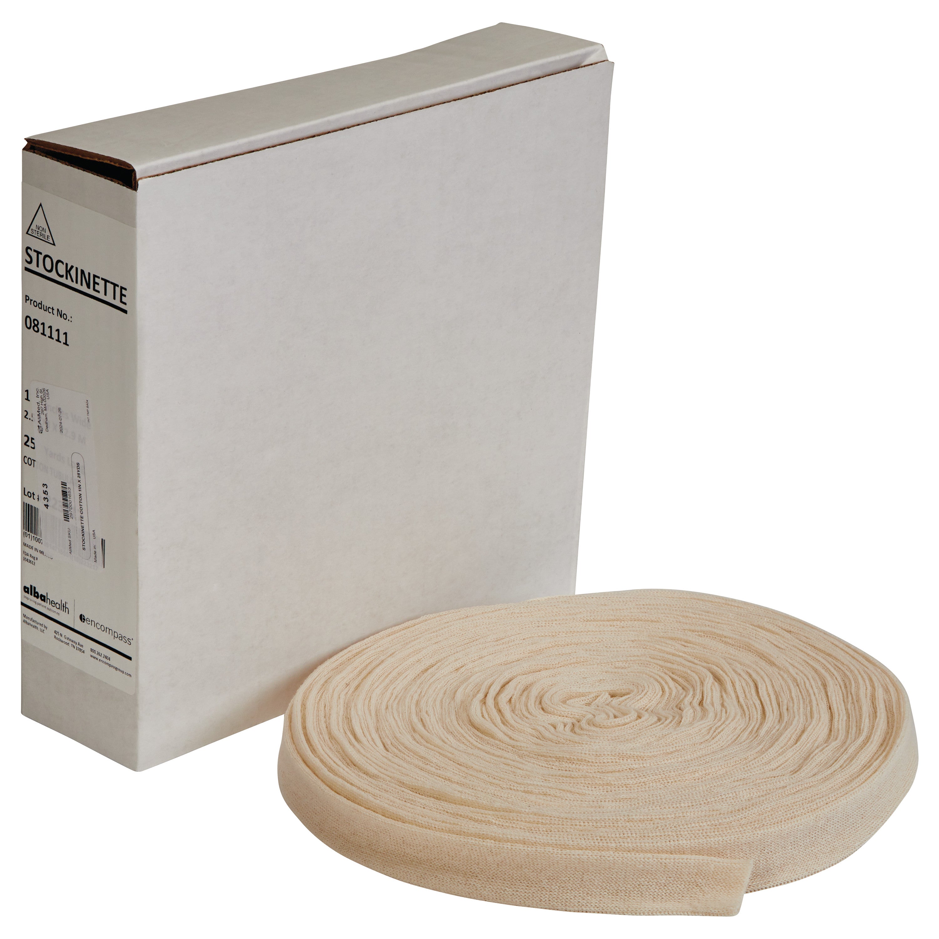 A white box labeled "Cotton Stockinette" stands next to a rolled beige stockinette used for medical purposes.