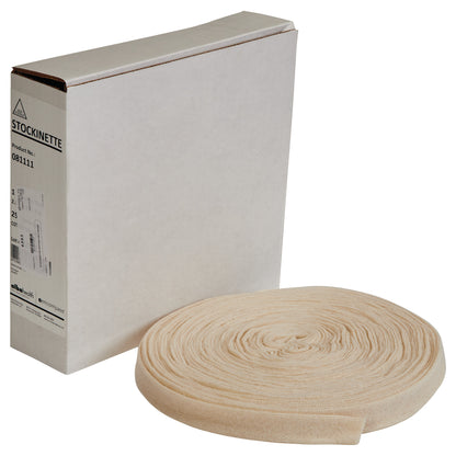 A white box labeled "Cotton Stockinette" stands next to a rolled beige stockinette used for medical purposes.