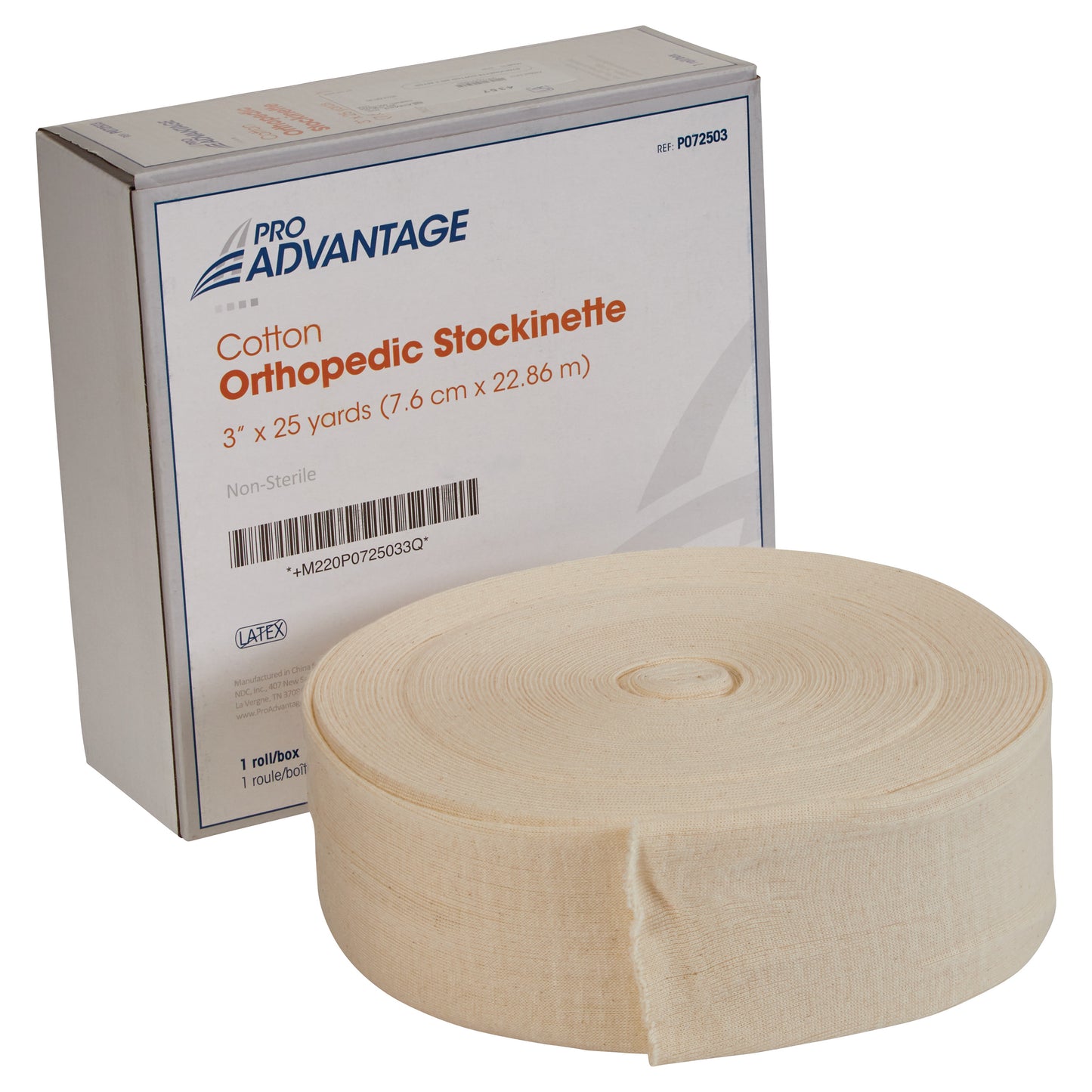 A box labeled "Pro Advantage Cotton Orthopedic Stockinette" stands next to a rolled beige cotton stockinette.