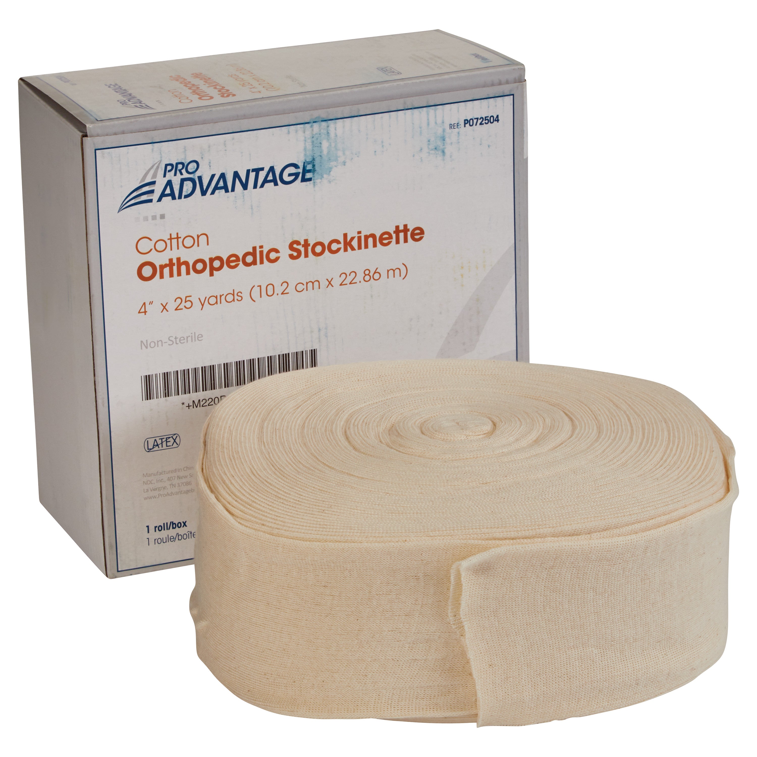 A rolled beige cotton stockinette is shown in front of its packaging labeled "Pro Advantage Cotton Orthopedic Stockinette."