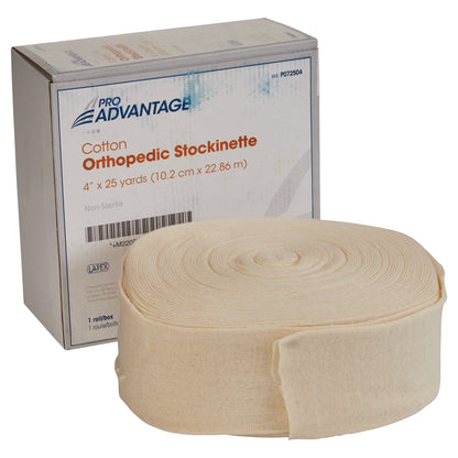 A rolled beige cotton stockinette is shown in front of its packaging labeled "Pro Advantage Cotton Orthopedic Stockinette."