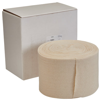A large roll of beige Cotton Stockinette is placed next to a plain white box.