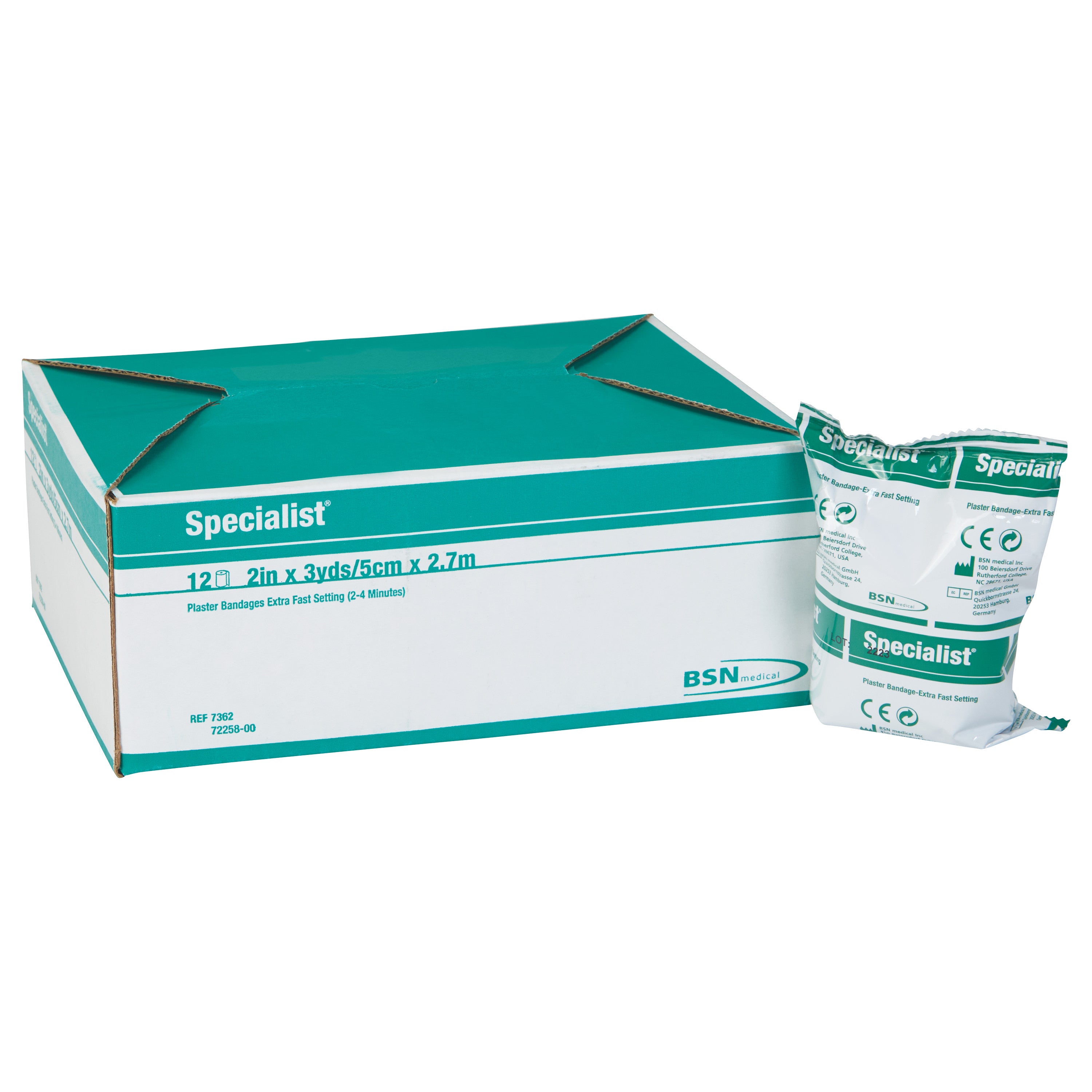 Box and pack of Delta-Cast Specialist Plaster of Paris Bandage, marked 2in x 3yds/5cm x 2.7m, fast setting (2-4 min).