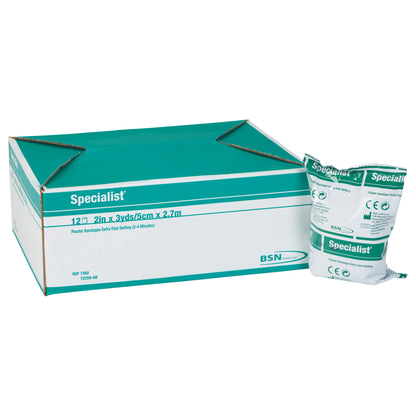Box and pack of Delta-Cast Specialist Plaster of Paris Bandage, marked 2in x 3yds/5cm x 2.7m, fast setting (2-4 min).