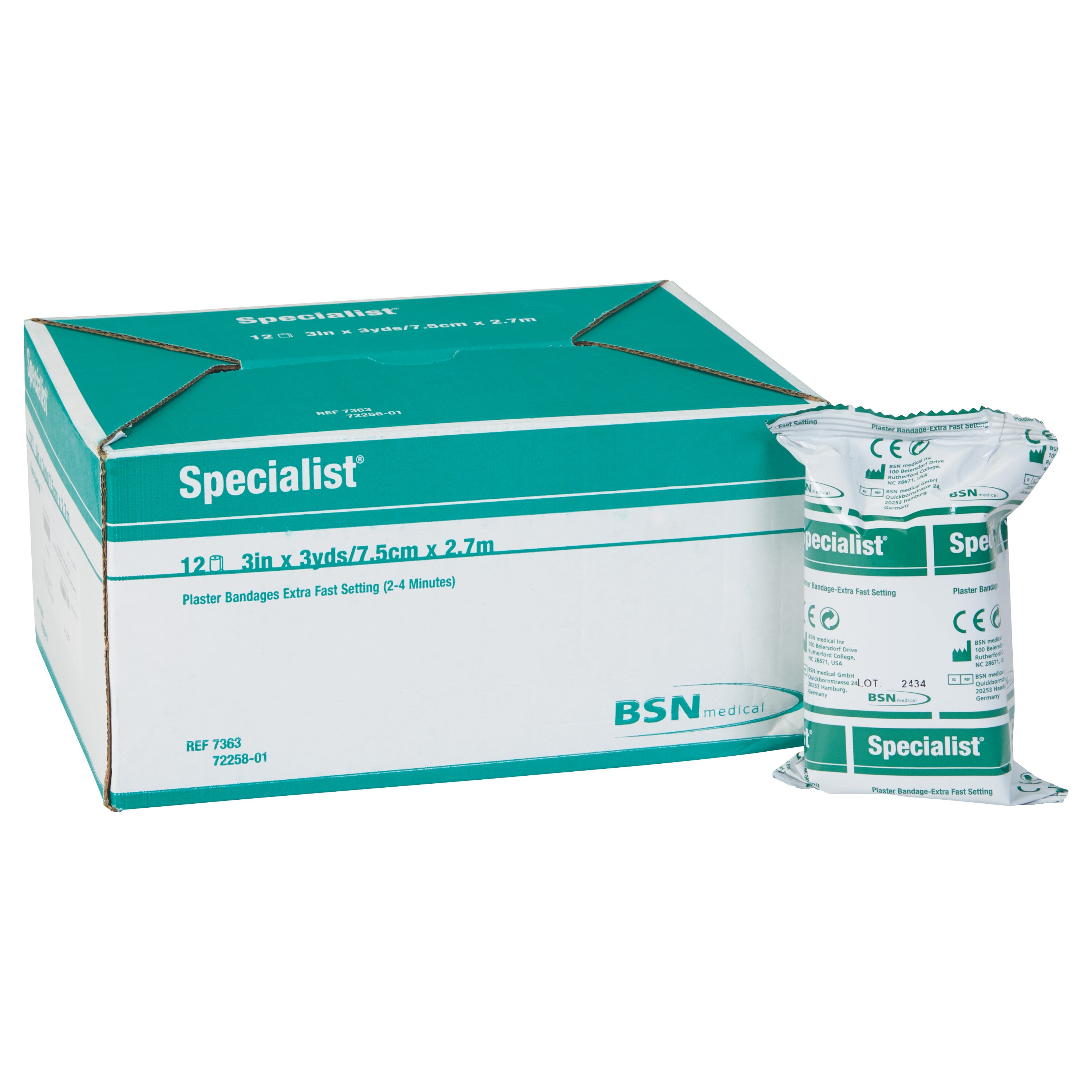 Box and packaged roll of Delta-Cast Specialist Plaster of Paris Bandage by BSN medical, shown in green and white packaging.