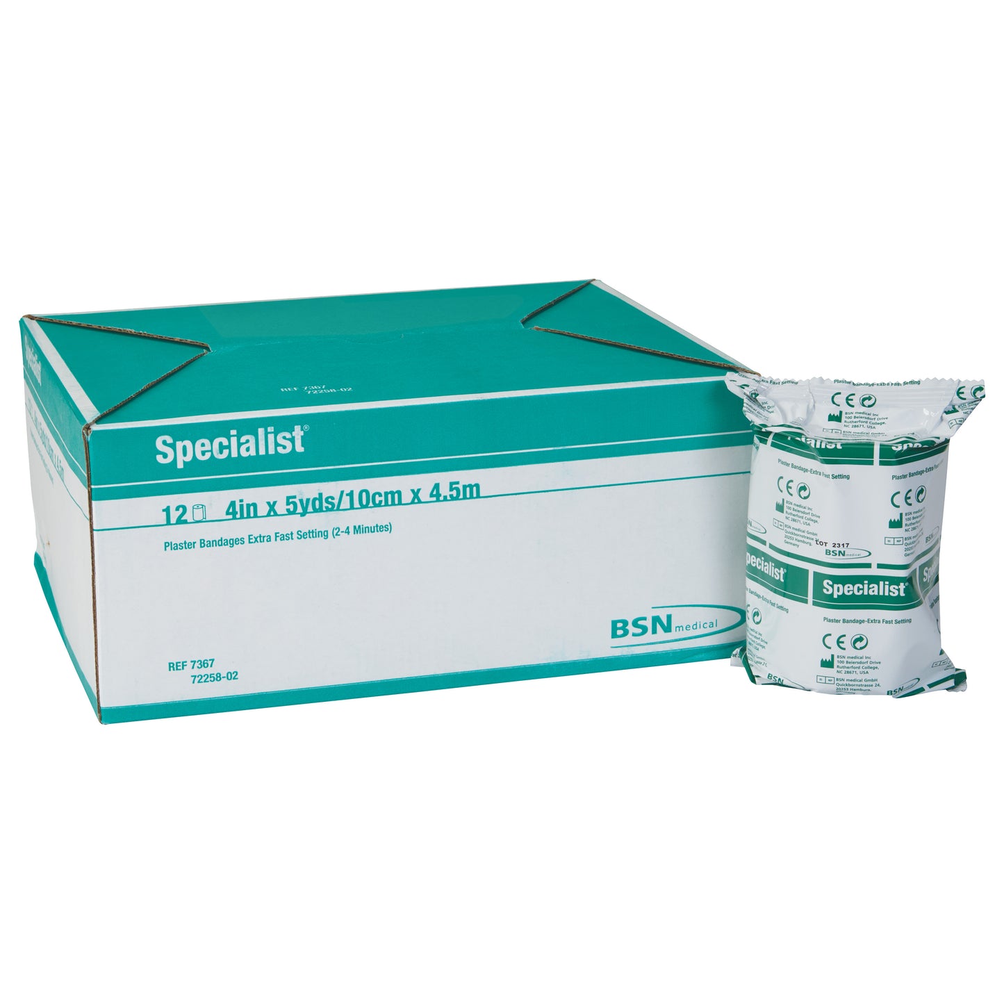 A box and a single roll of Delta-Cast Specialist Plaster of Paris Bandage by BSN medical, 4 in x 5 yds, for extra fast setting.