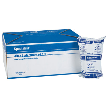 Box and wrapped roll of Delta-Cast Specialist Plaster of Paris Bandage, measuring 4in x 5yds, fast-setting (5-8 minutes).