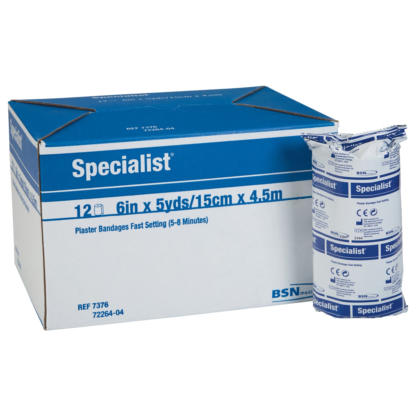 Box and package of Delta-Cast Specialist Plaster of Paris Bandage, 6in x 5yds. Fast setting, 5-8 minutes.