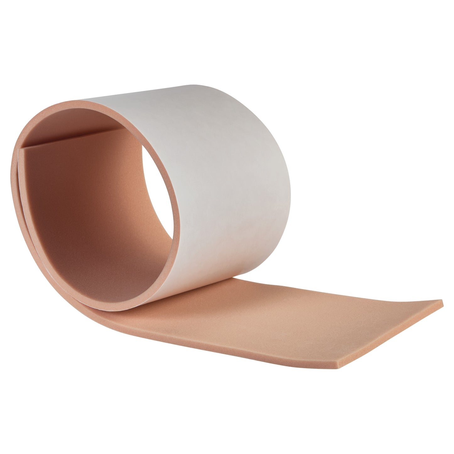 A roll of AliMed Plastazote Self-Stick Padding, featuring beige foam with a white adhesive backing, partially unrolled.