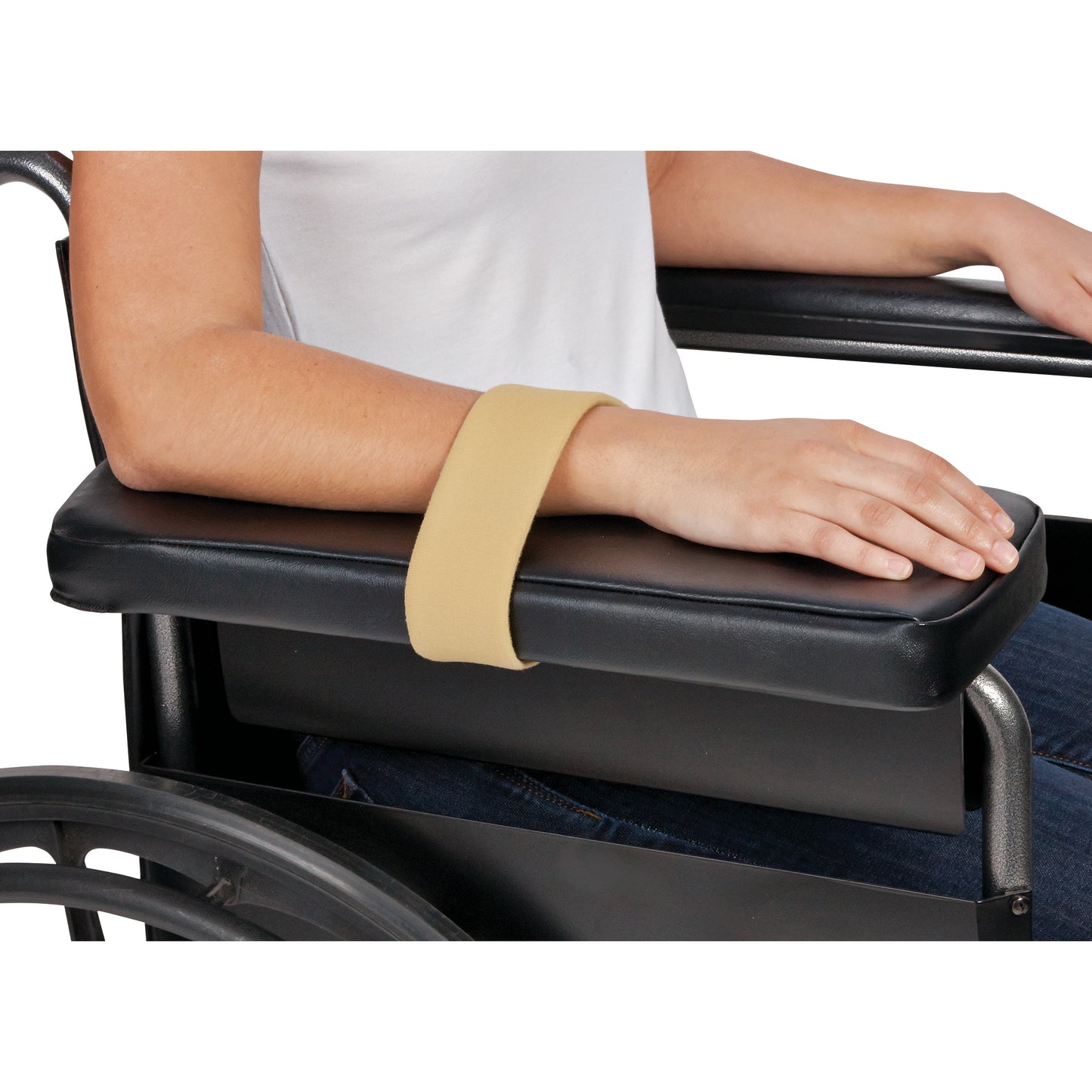 A person uses an AliMed Beta Pile II Loop, securing their arm on a wheelchair armrest. The loop is a beige strap.