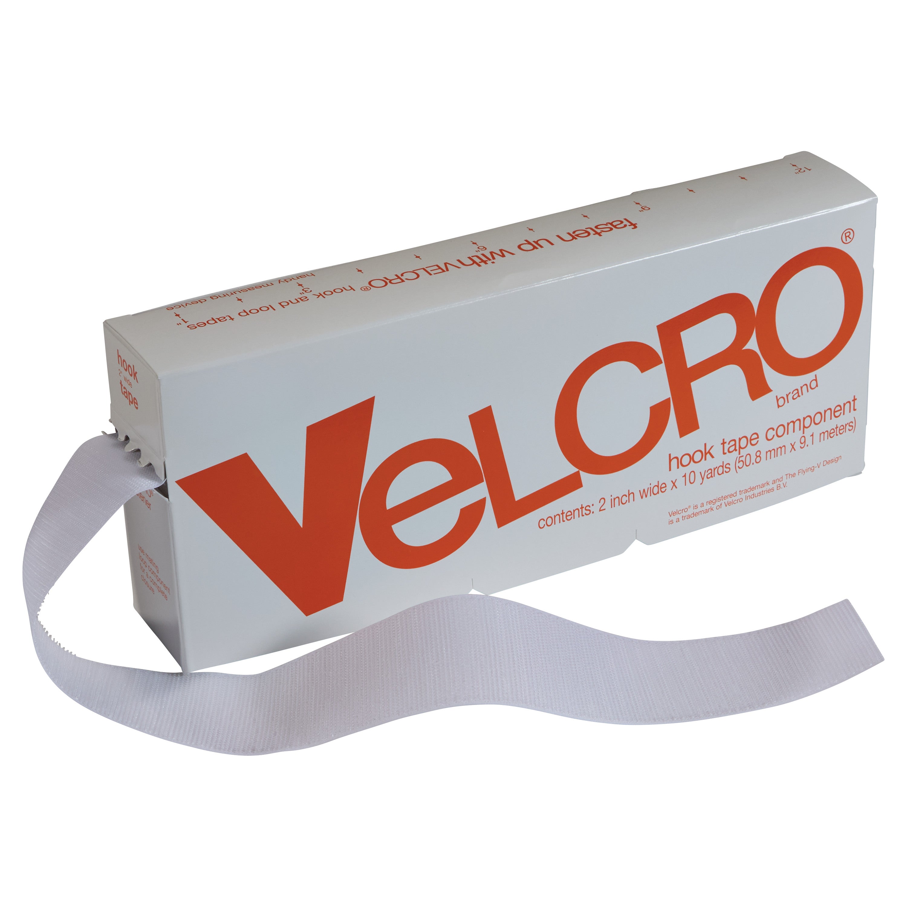 A box of Standard VELCRO Brand Hook Tape with white tape extending out. The box is labeled with red text.