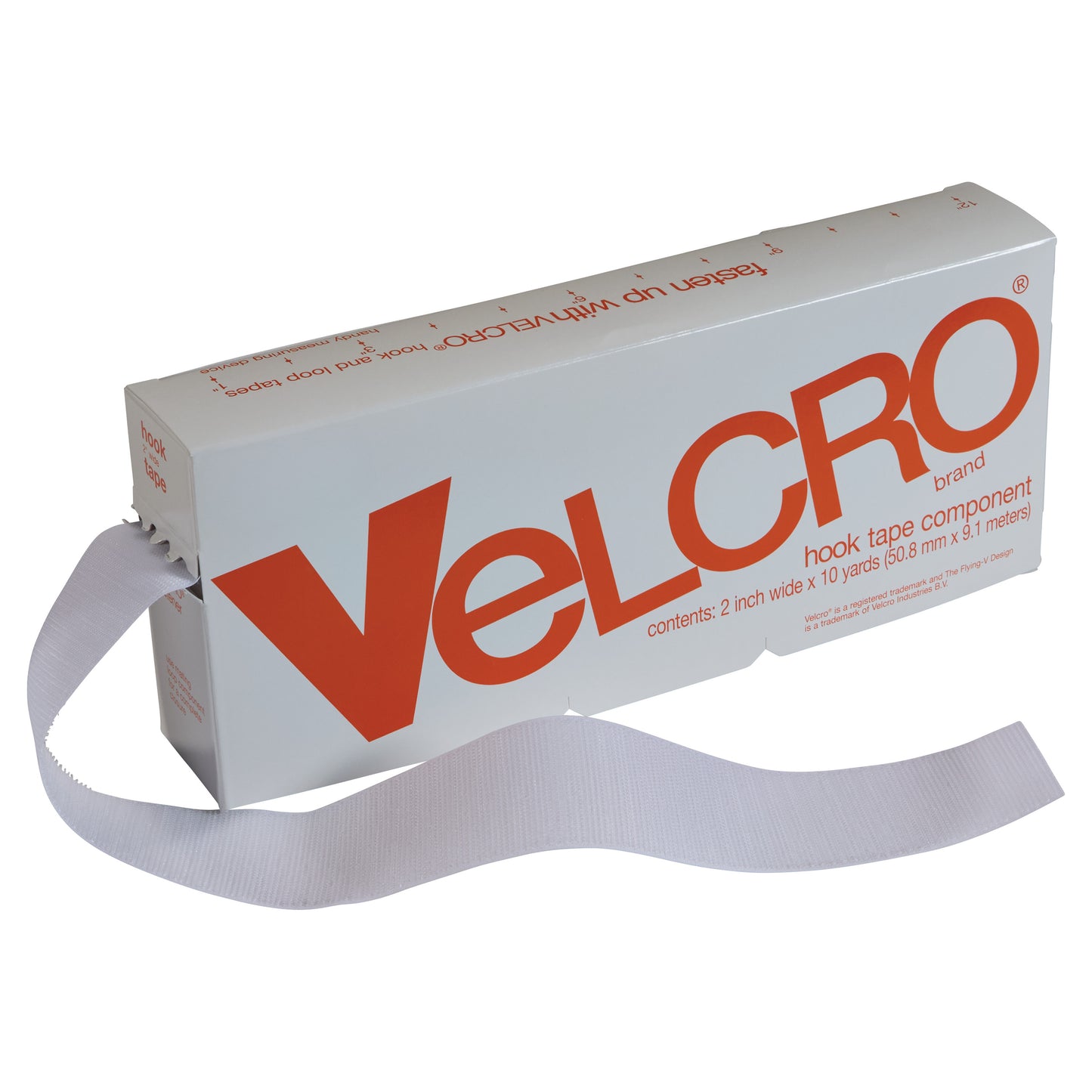 A box of Standard VELCRO Brand Hook Tape with white tape extending out. The box is labeled with red text.