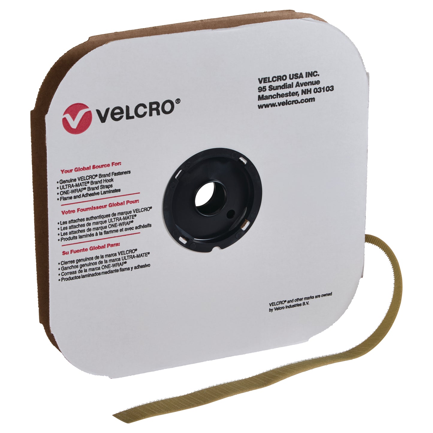 A roll of Standard VELCRO Brand Hook Tape with a cardboard spool featuring the VELCRO logo and contact information.