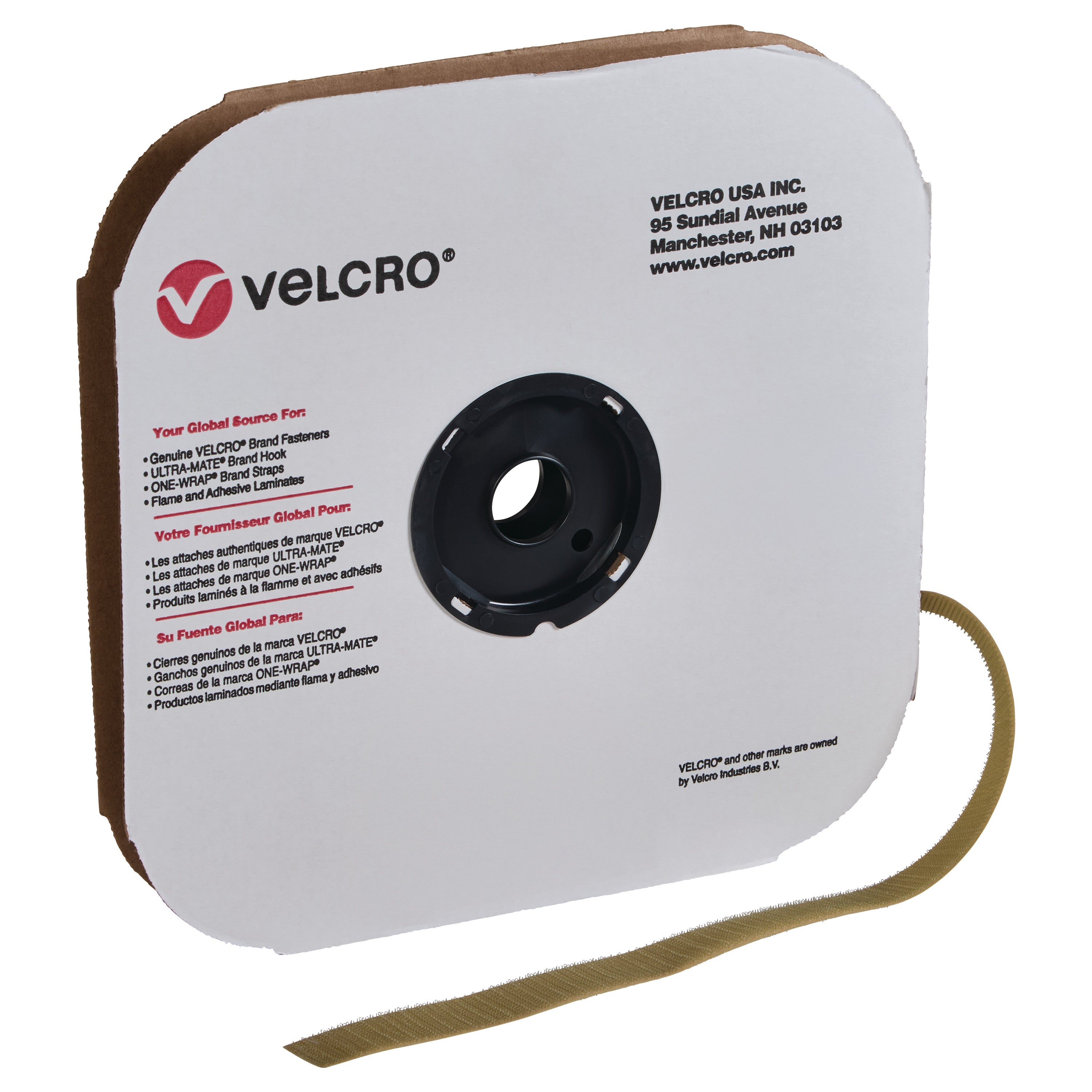 A roll of Standard VELCRO Brand Hook Tape with a cardboard spool featuring the VELCRO logo and contact information.