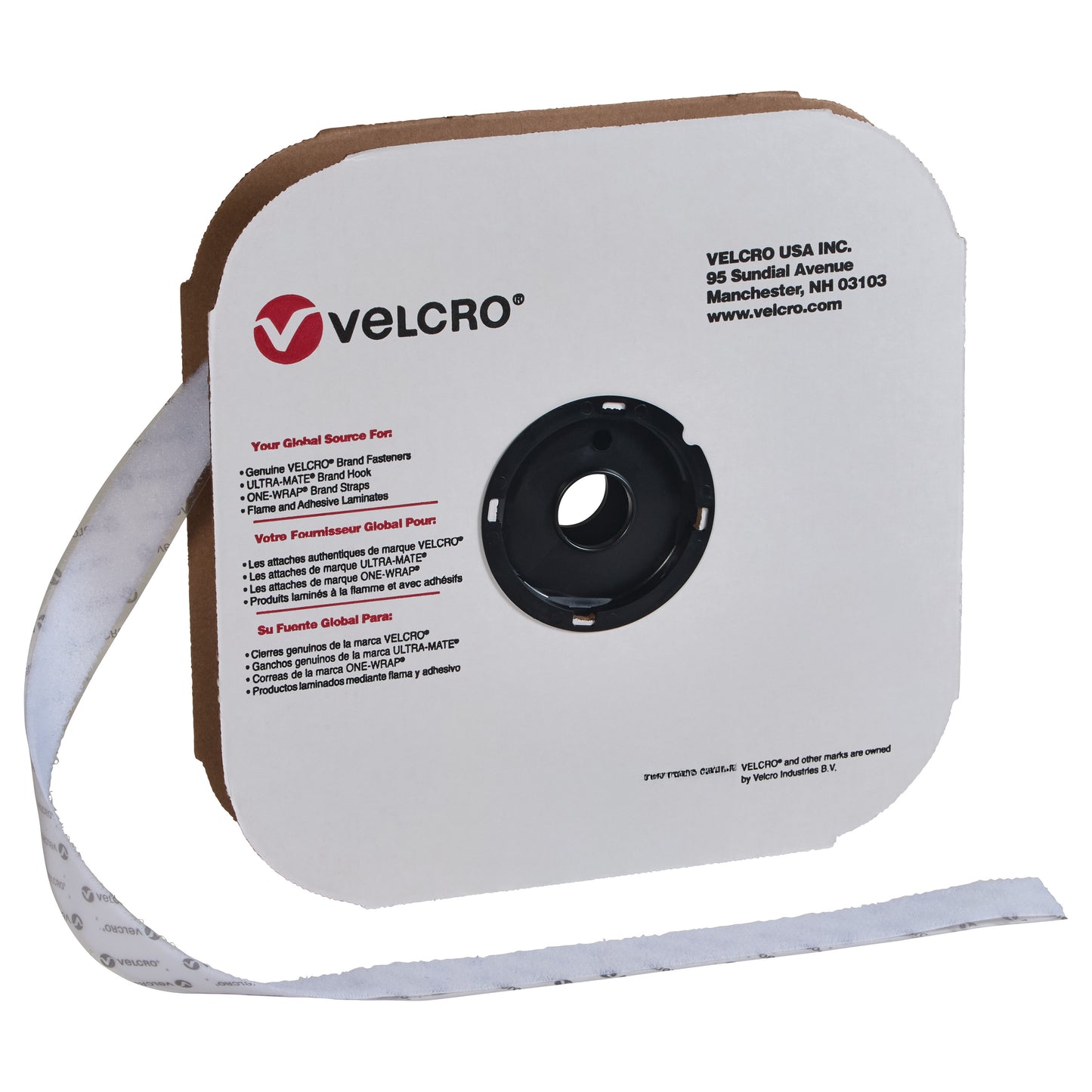 VELCRO Brand Adhesive-Backed Loop roll with white tape on a cardboard dispenser, featuring logo and company details.