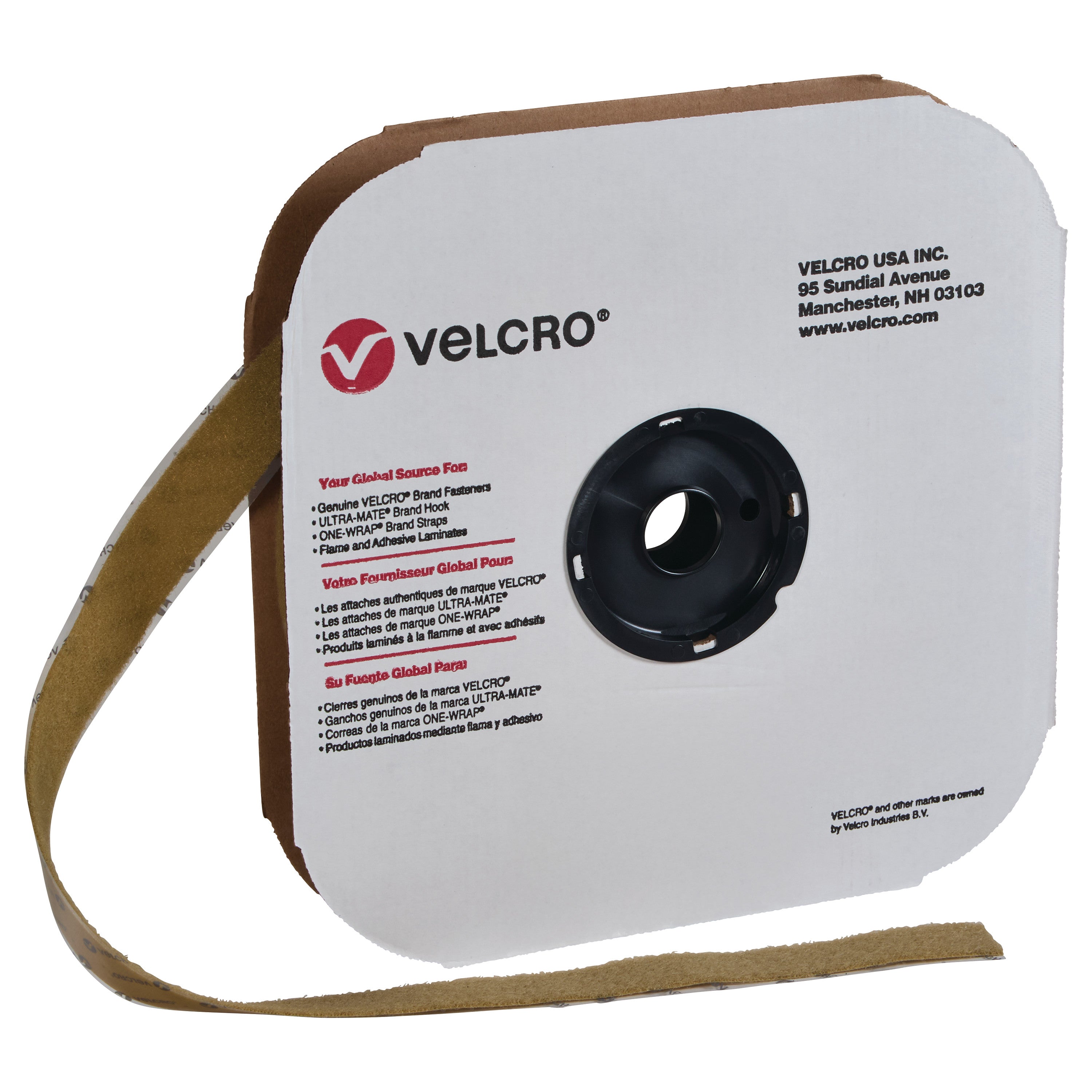 A roll of VELCRO Brand Adhesive-Backed Loop with brown tape, packaged in a white cardboard dispenser.