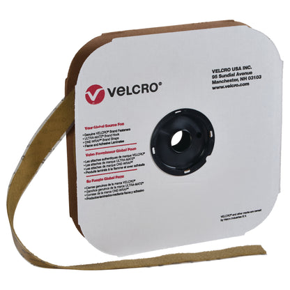 A roll of VELCRO Brand Adhesive-Backed Loop with brown tape, packaged in a white cardboard dispenser.
