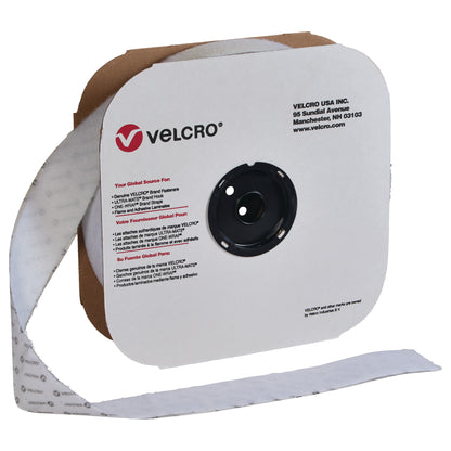 A spool of VELCRO Brand Adhesive-Backed Loop with white tape unwinding. The spool features the VELCRO logo and contact details.