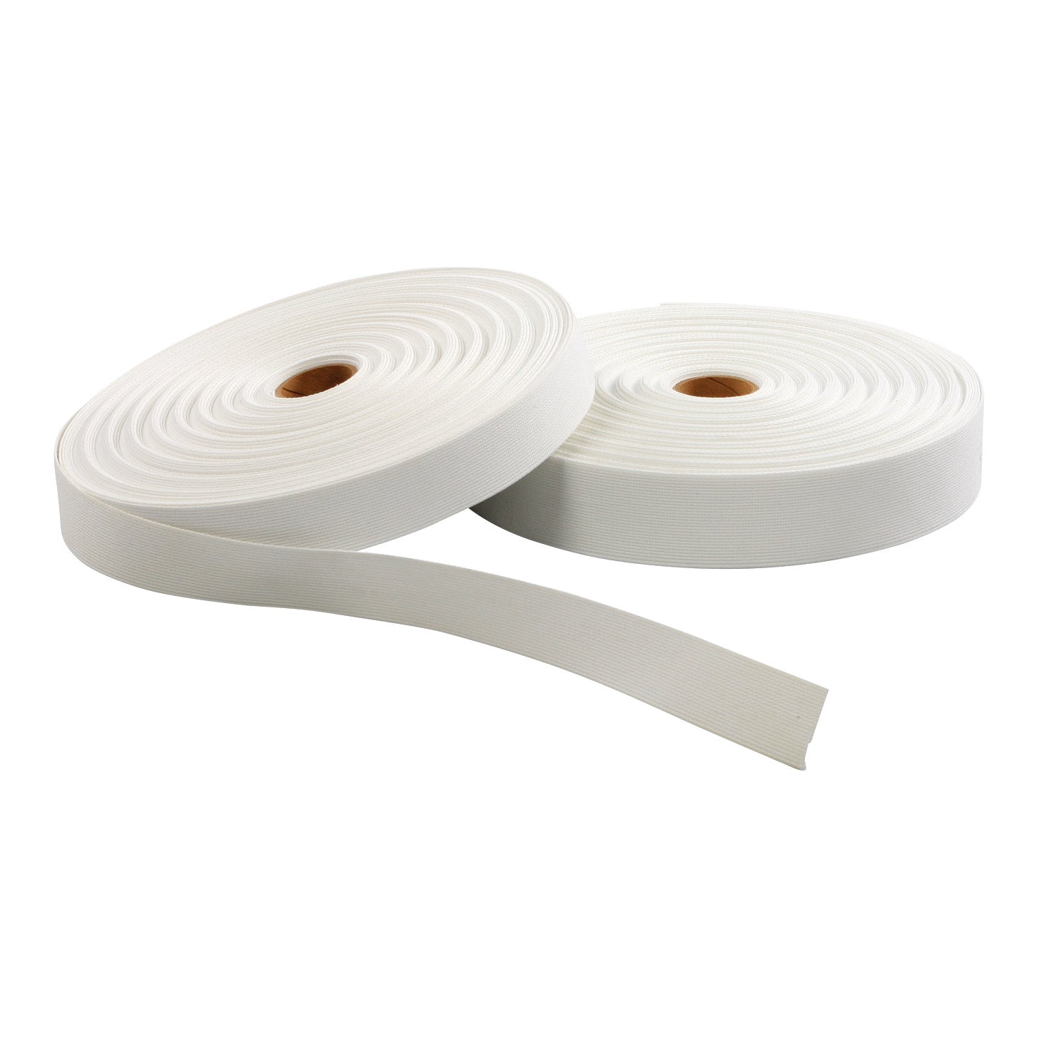 Two rolls of white webbing tape with one partially unrolled, showing the textured surface.