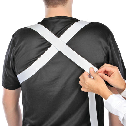 A person is adjusting white Webbing straps on a back brace, crossing over a black shirt.