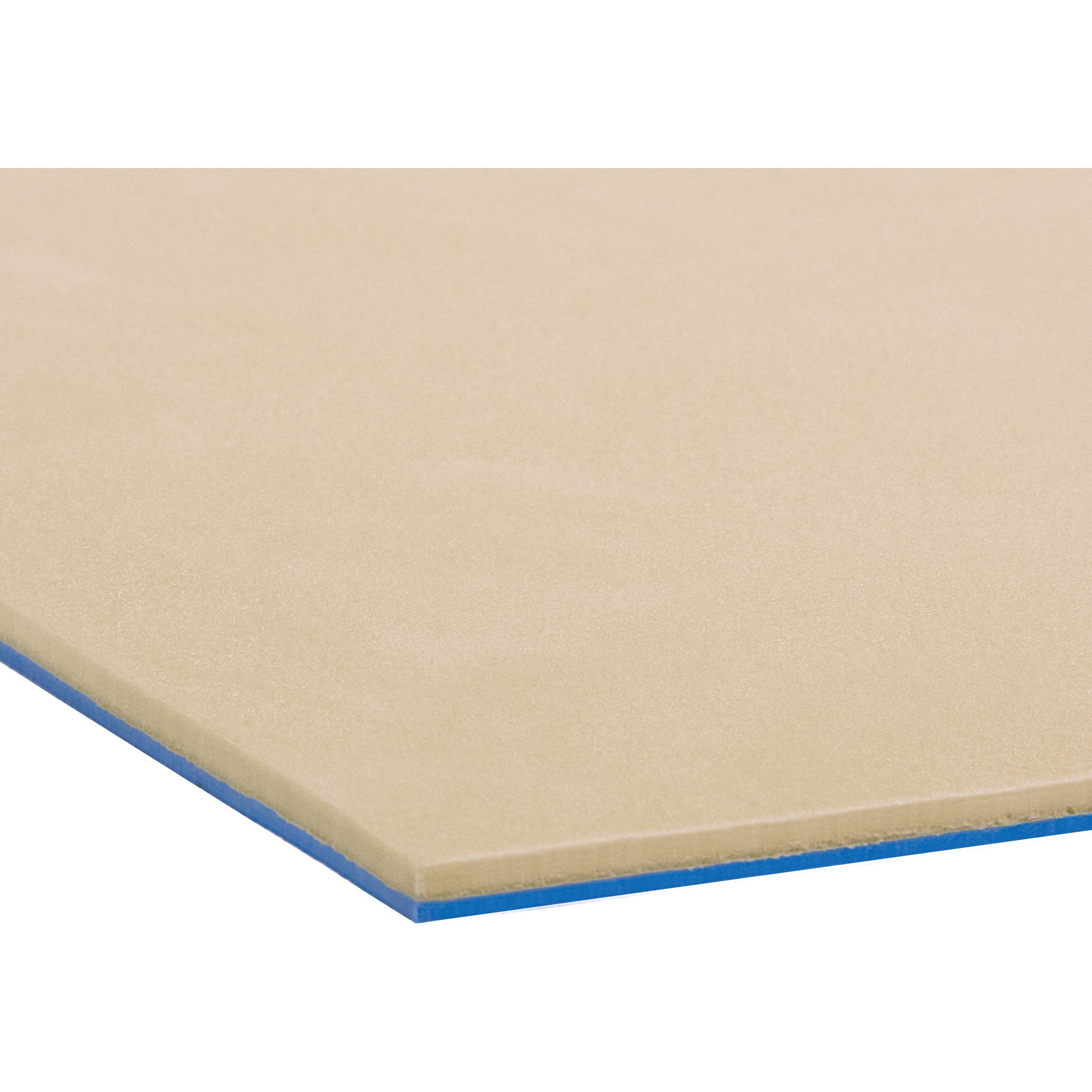 A close-up of a rectangular piece of Diab-A-Sheet Orthotic Material in beige with a blue layer beneath.