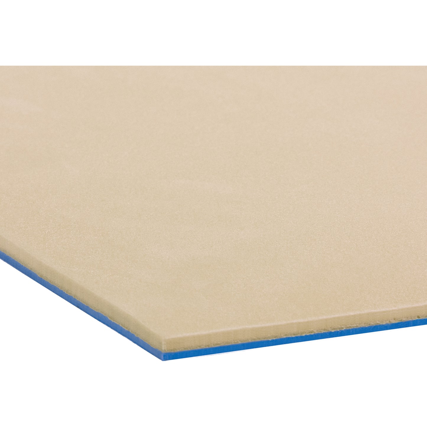 A close-up of a rectangular piece of Diab-A-Sheet Orthotic Material in beige with a blue layer beneath.