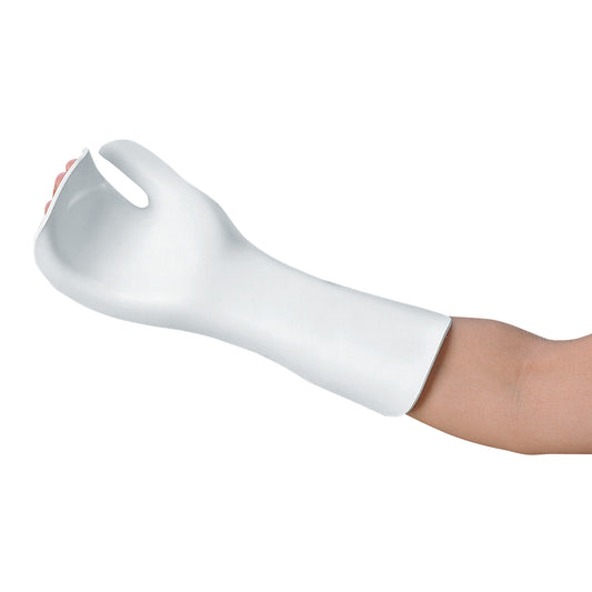 A forearm wearing a white Ezeform Splinting Material, molded to fit, with an open thumb and smooth surface.