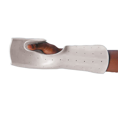 A forearm encased in Ezeform Splinting Material, showing a rigid, perforated design for ventilation and support.
