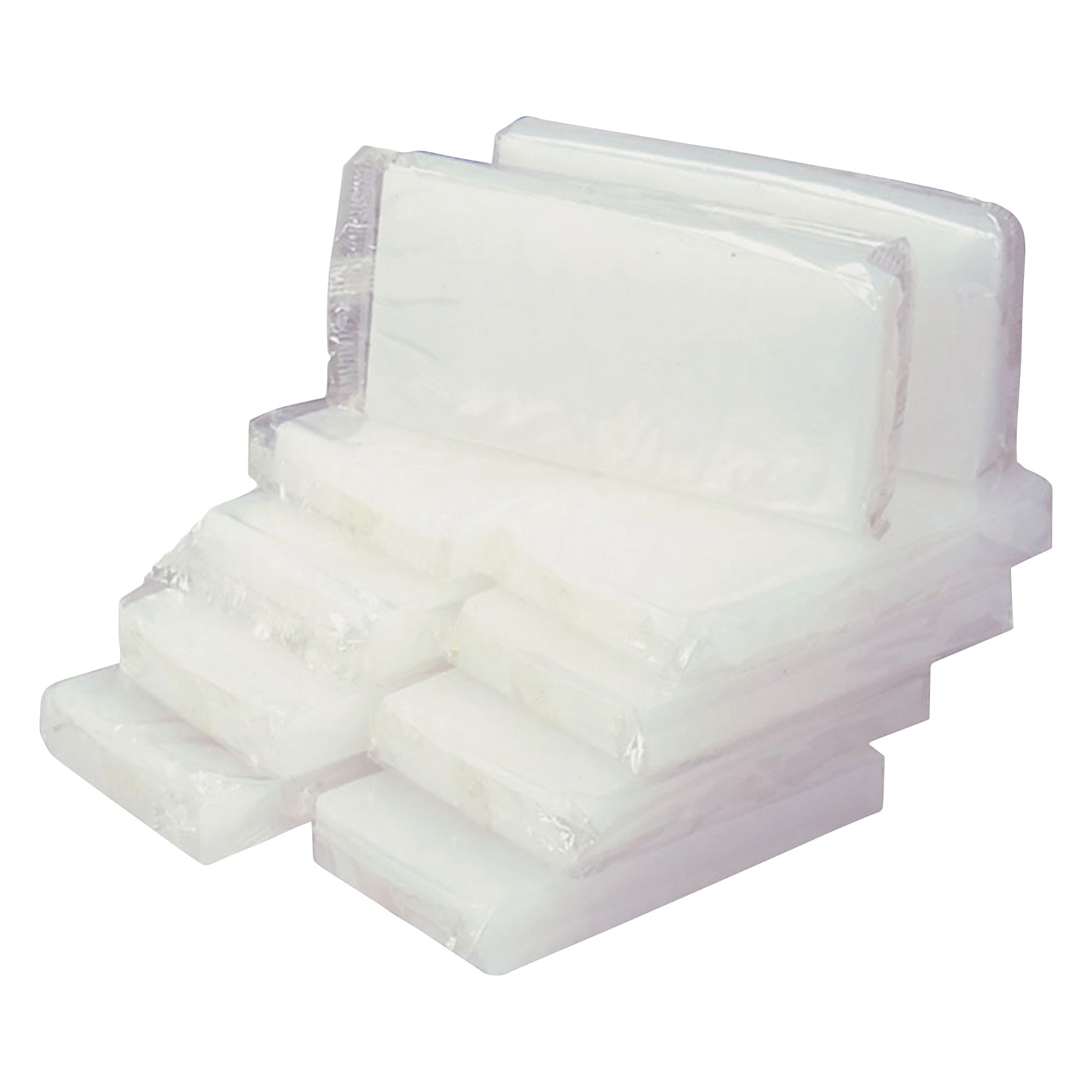 A stack of translucent WaxWel Paraffin Bath Bars in clear plastic packaging, arranged in various sizes.